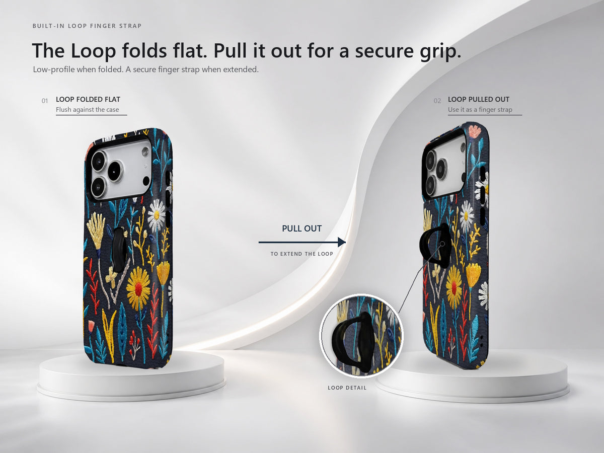 Navy Embroidered Wildflower MagSafe Loop iPhone Case side view showing the built-in finger loop