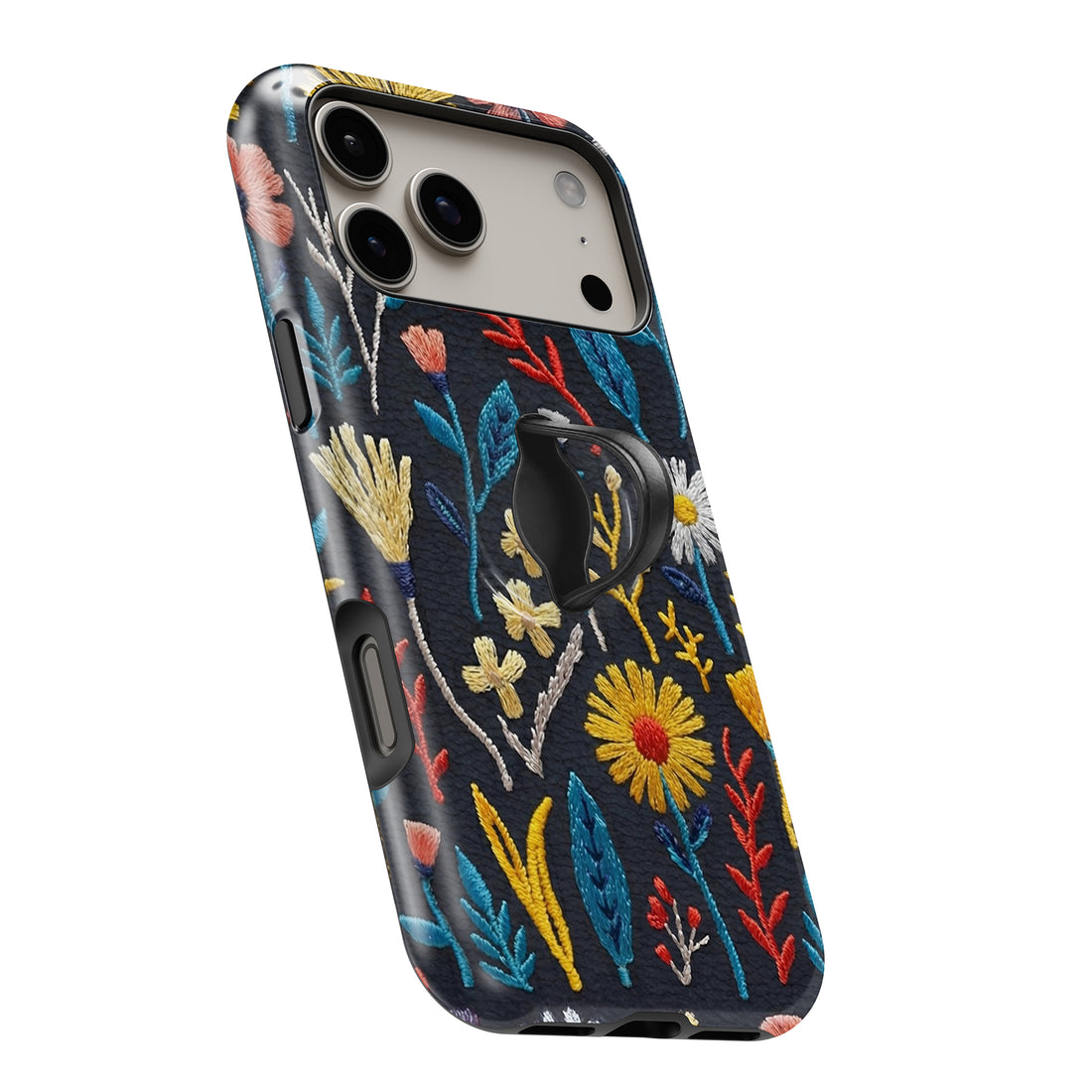 Navy Embroidered Wildflower MagSafe Loop iPhone case with built-in finger loop open