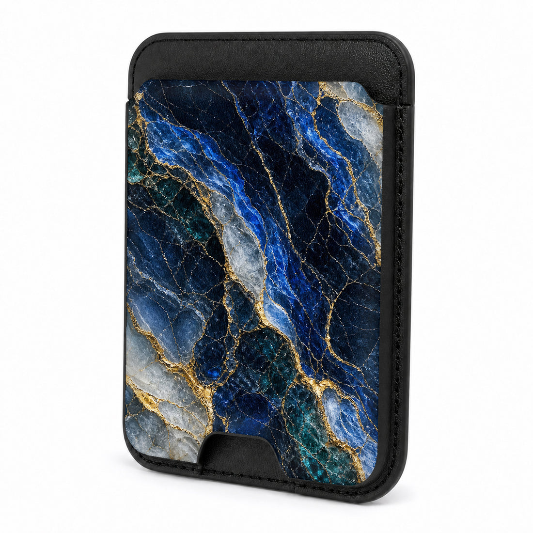 Front view of the Navy Gold Marble MagSafe card holder on a white background