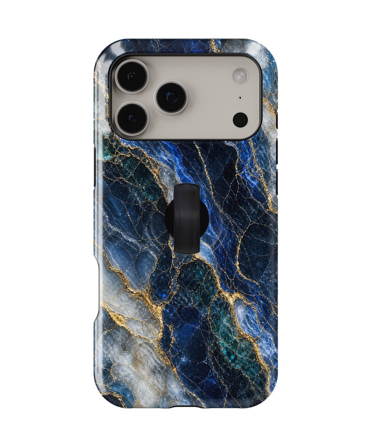 Navy Gold Marble MagSafe Loop iPhone Case with built-in finger loop closed