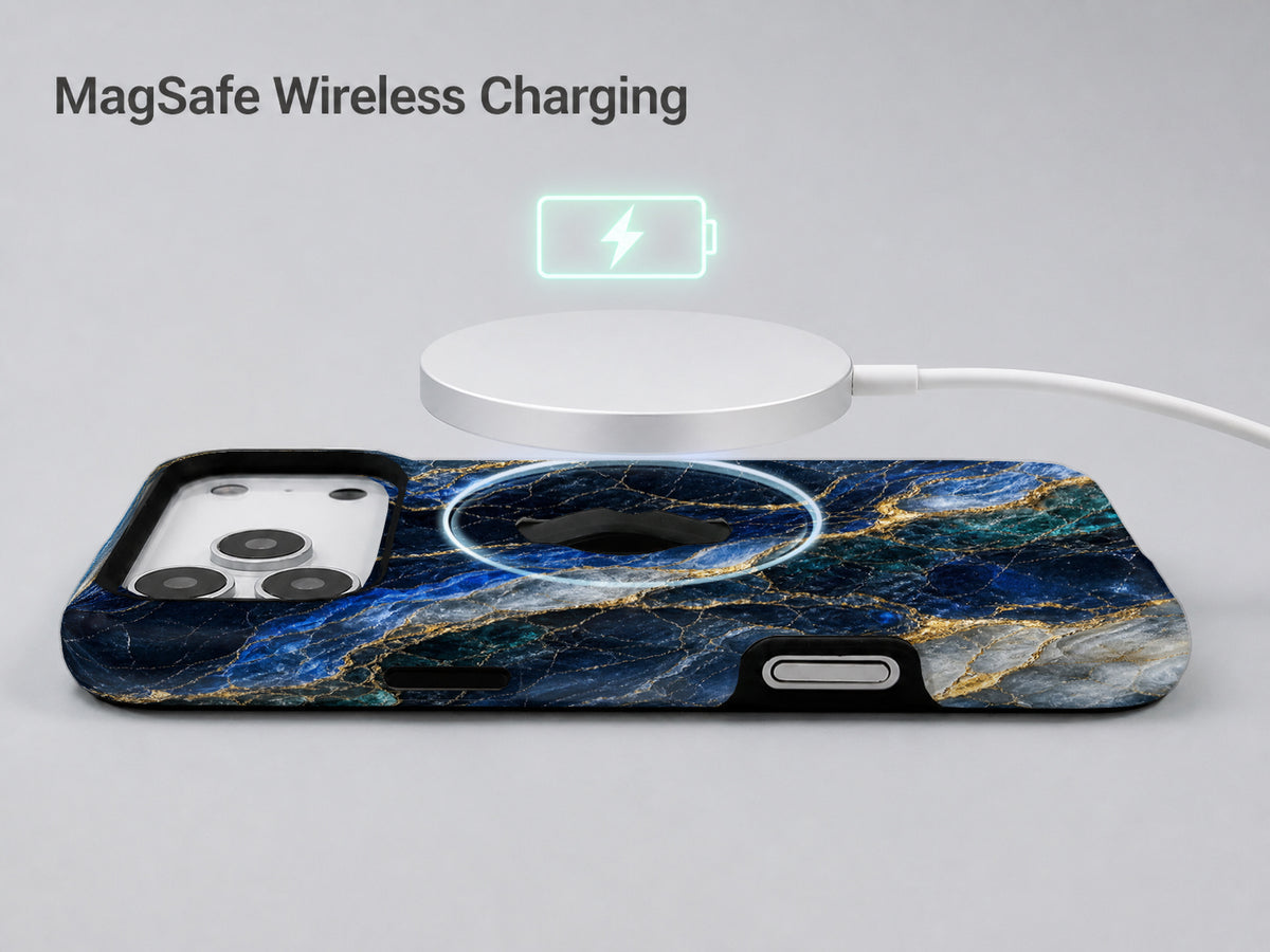 Navy Gold Marble MagSafe Loop iPhone Case shown with a MagSafe-compatible wireless charger attached
