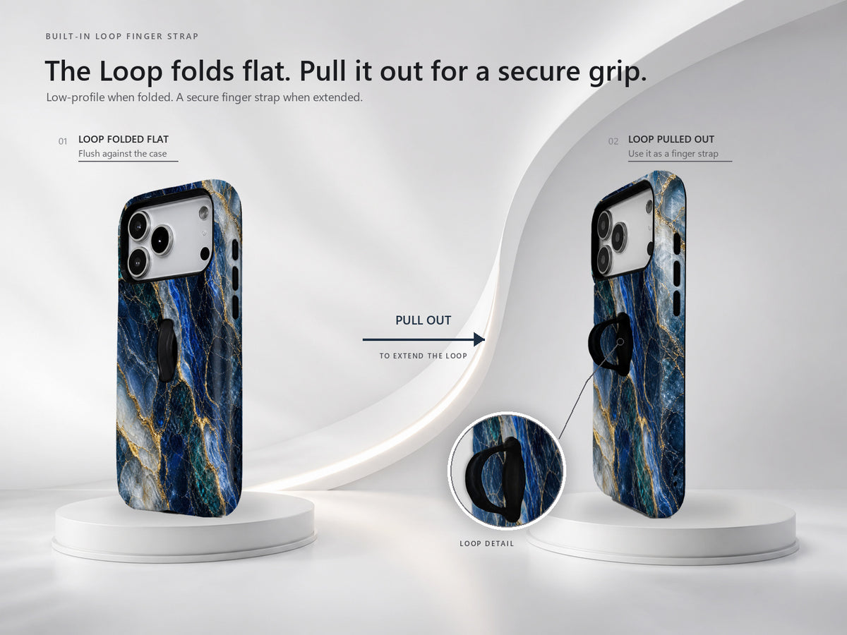 Navy Gold Marble MagSafe Loop iPhone Case side view showing the built-in finger loop