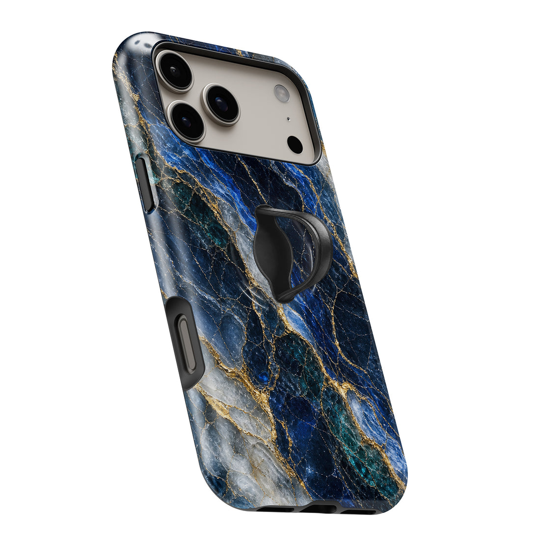 Navy Gold Marble MagSafe Loop iPhone case with built-in finger loop open