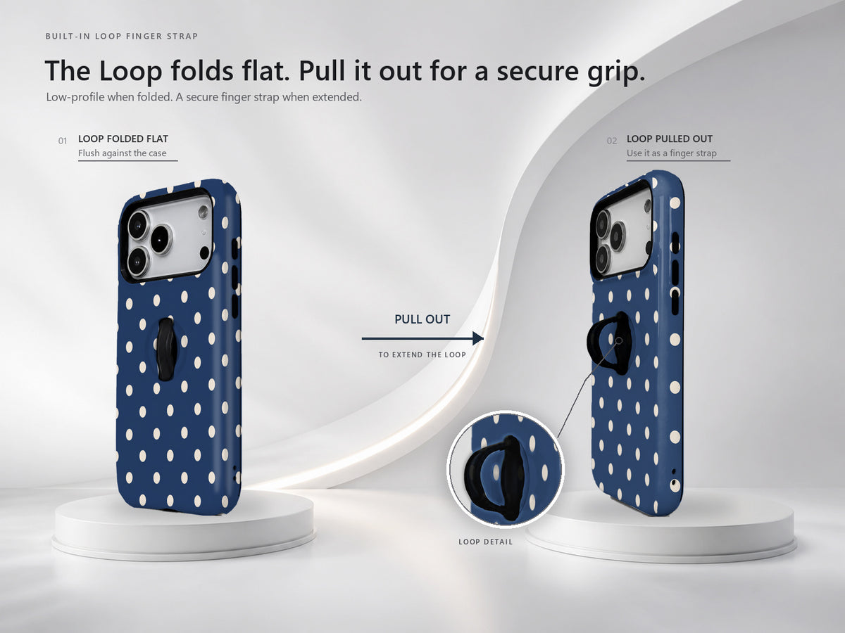 Navy Ivory Polka Dots MagSafe Loop iPhone Case - finger loop detail