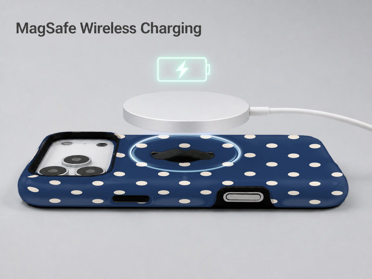Navy Ivory Polka Dots MagSafe Loop iPhone Case - kickstand view