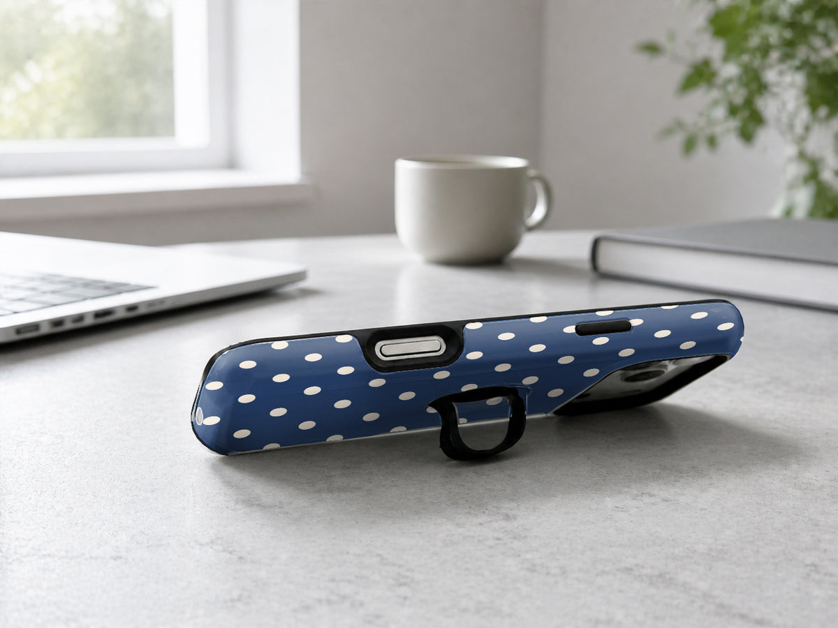 Navy Ivory Polka Dots MagSafe Loop iPhone Case - side view