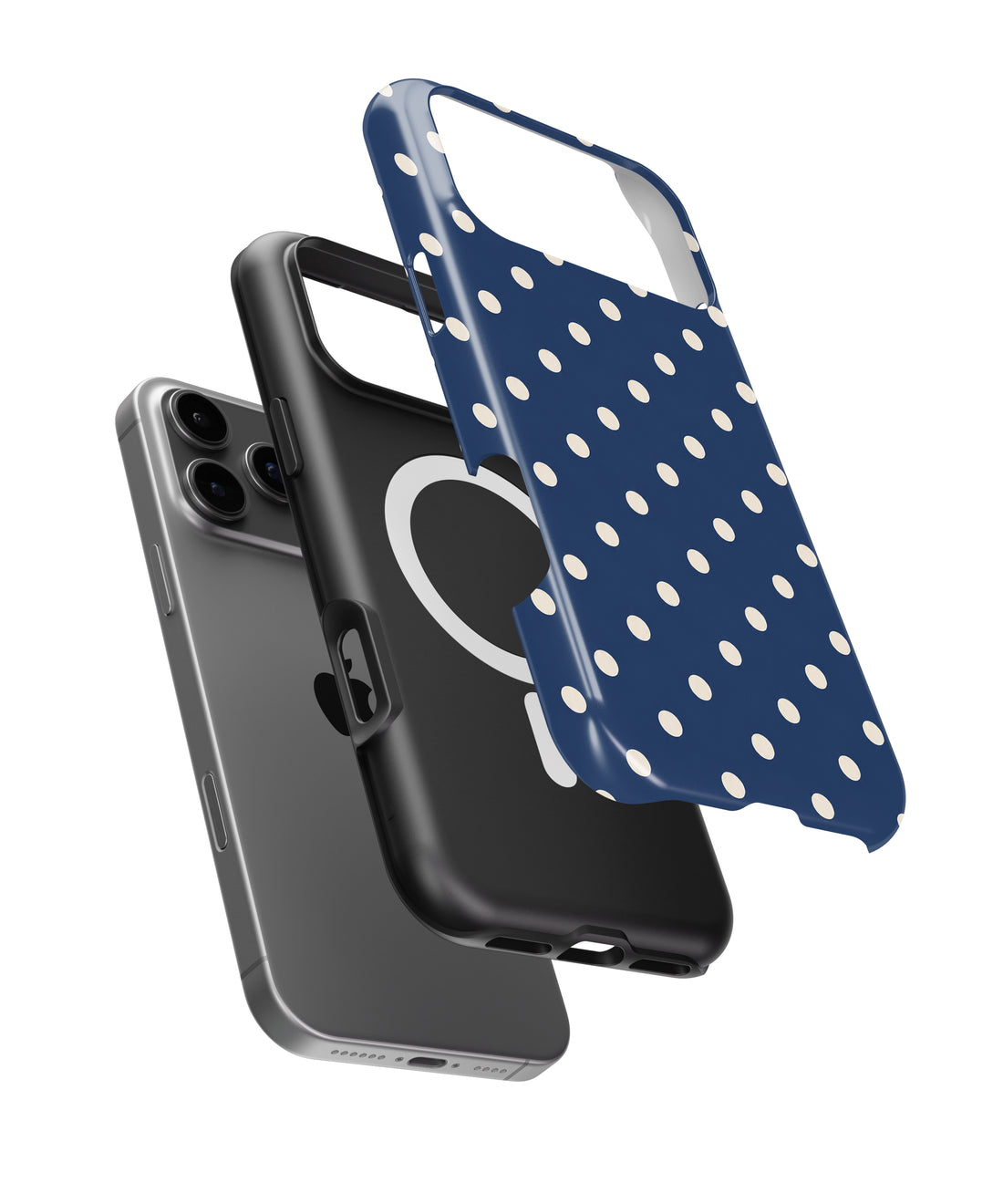 Navy Ivory Polka Dots MagSafe iPhone Tough Case - exploded construction view