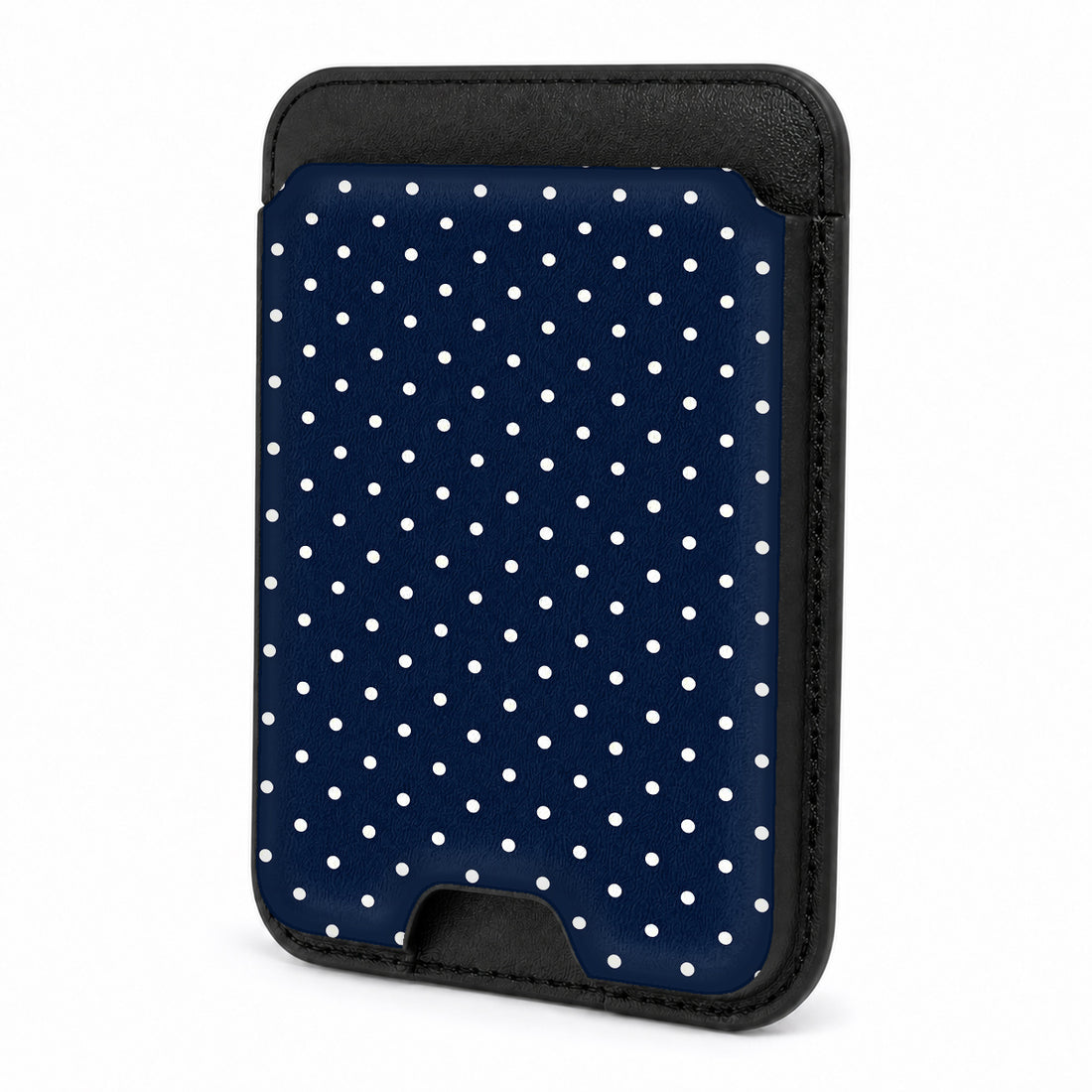 Front view of the Navy Mini Polka Dot MagSafe card holder on a white background