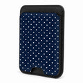 Front view of the Navy Mini Polka Dot MagSafe card holder on a white background
