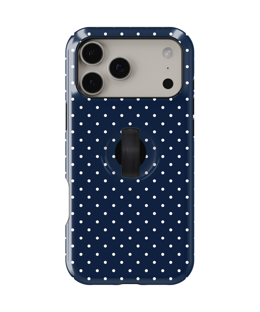 Navy Mini Polka Dot MagSafe Loop iPhone Case with built-in finger loop closed