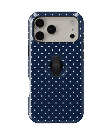 Navy Mini Polka Dot MagSafe Loop iPhone Case with built-in finger loop closed