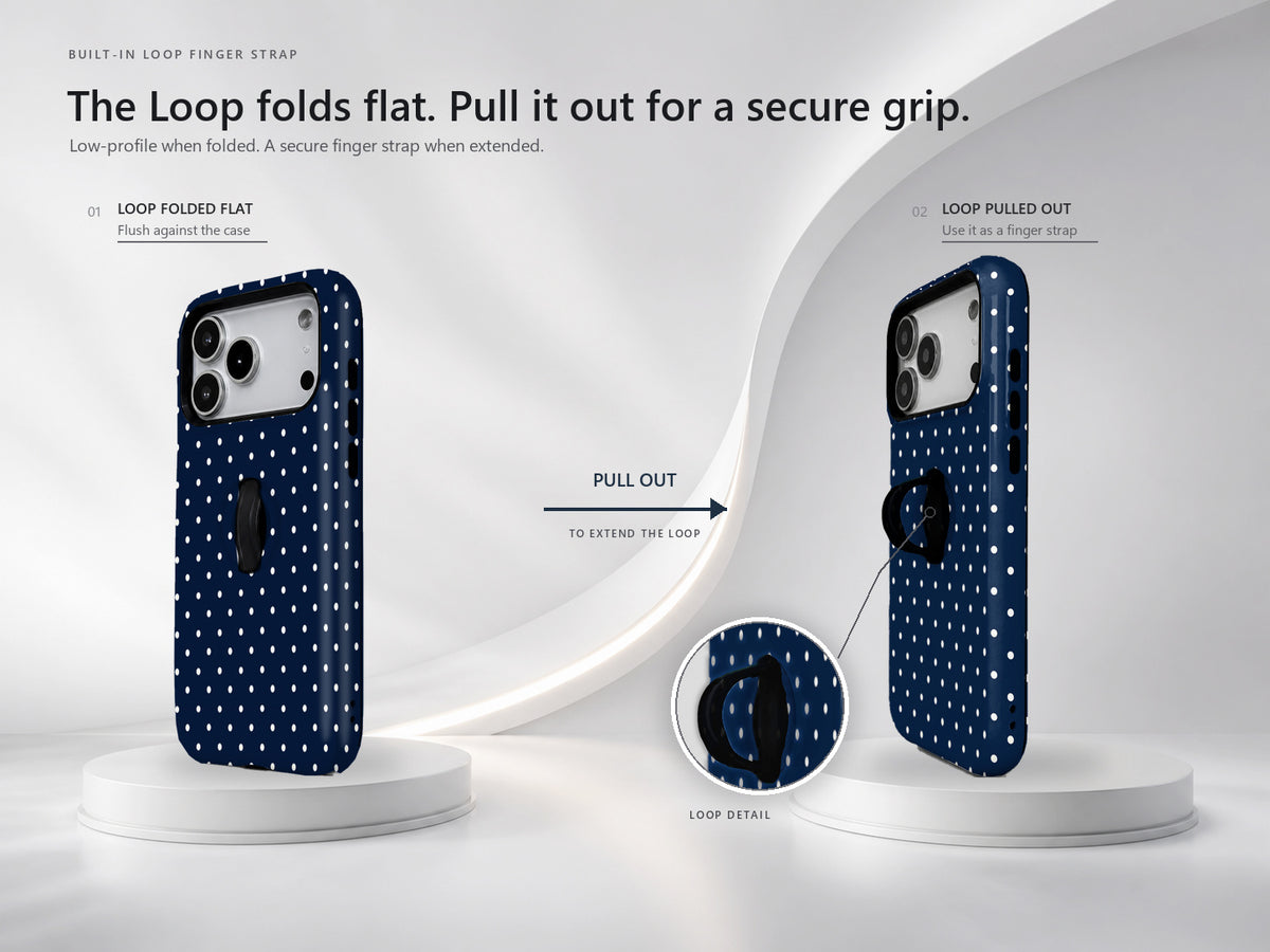 Navy Mini Polka Dot MagSafe Loop iPhone Case side view showing the built-in finger loop