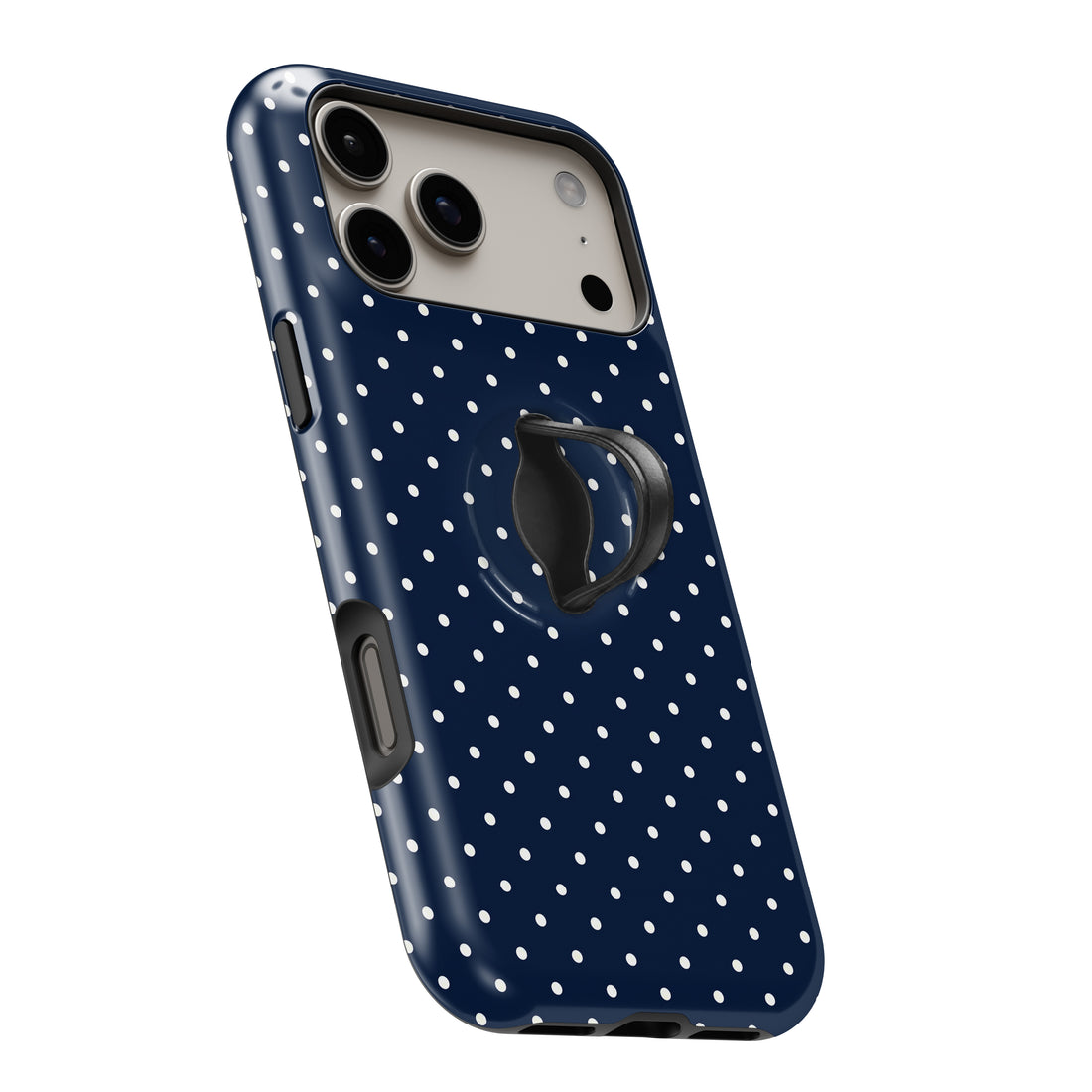 Navy Mini Polka Dot MagSafe Loop iPhone case with built-in finger loop open