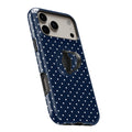 Navy Mini Polka Dot MagSafe Loop iPhone case with built-in finger loop open