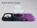 Navy Purple Ombre Gradient MagSafe Loop iPhone Case shown with a MagSafe-compatible wireless charger attached