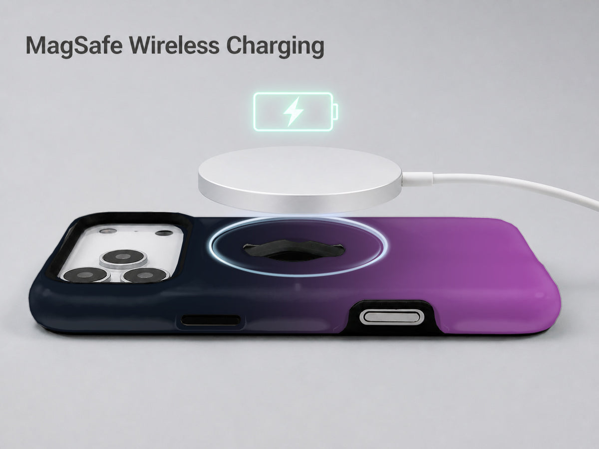 Navy Purple Ombre Gradient MagSafe Loop iPhone Case shown with a MagSafe-compatible wireless charger attached
