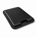 Obsidian Black MagSafe card holder angled close-up showing stitching and textured finish