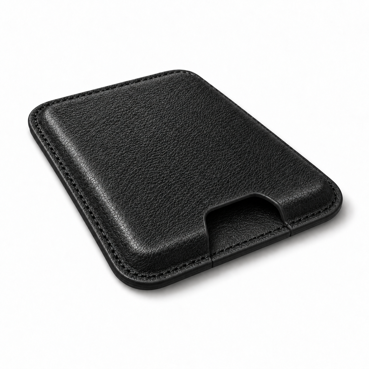 Obsidian Black MagSafe card holder angled close-up showing stitching and textured finish
