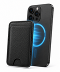 Obsidian Black MagSafe card holder magnetic attachment to a compatible iPhone