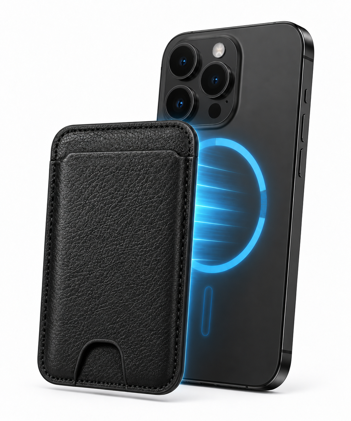 Obsidian Black MagSafe card holder magnetic attachment to a compatible iPhone