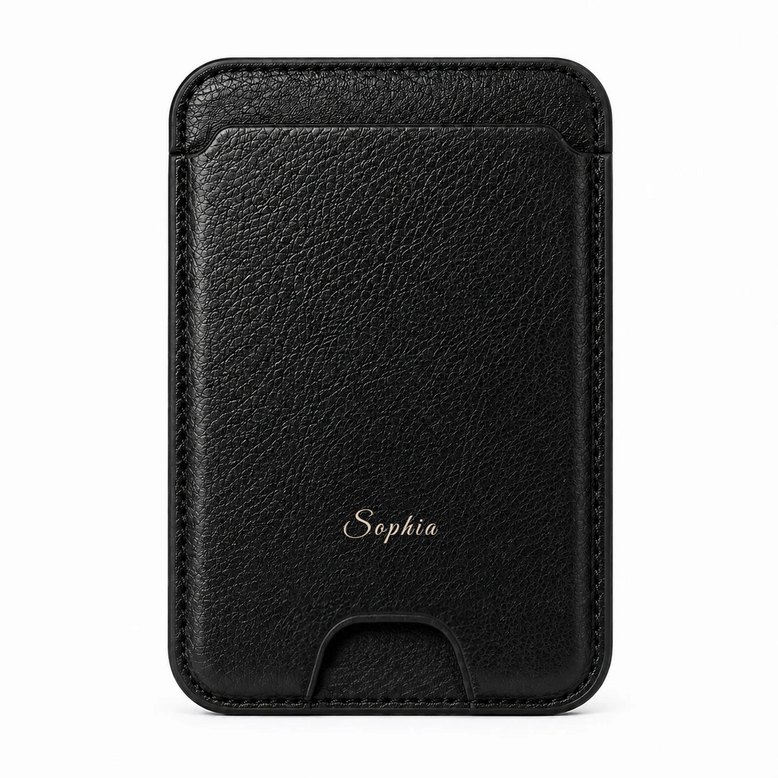 Obsidian Black MagSafe card holder personalized with the name Sophia