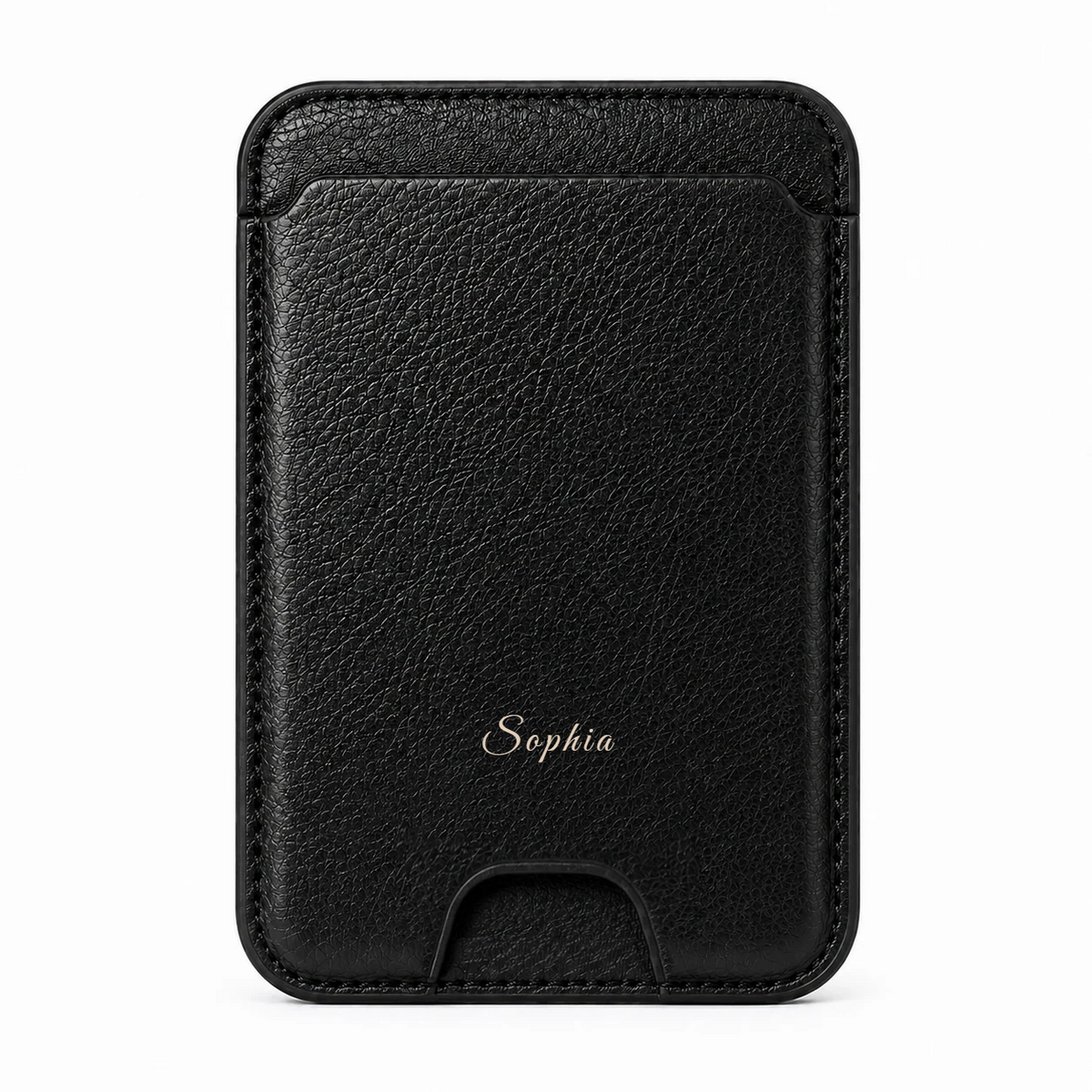 Obsidian Black MagSafe card holder personalized with the name Sophia