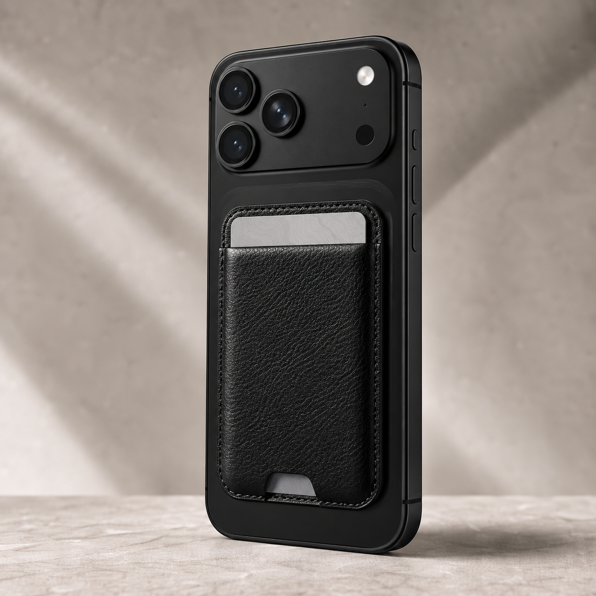 Obsidian Black MagSafe card holder attached to a phone for everyday carry