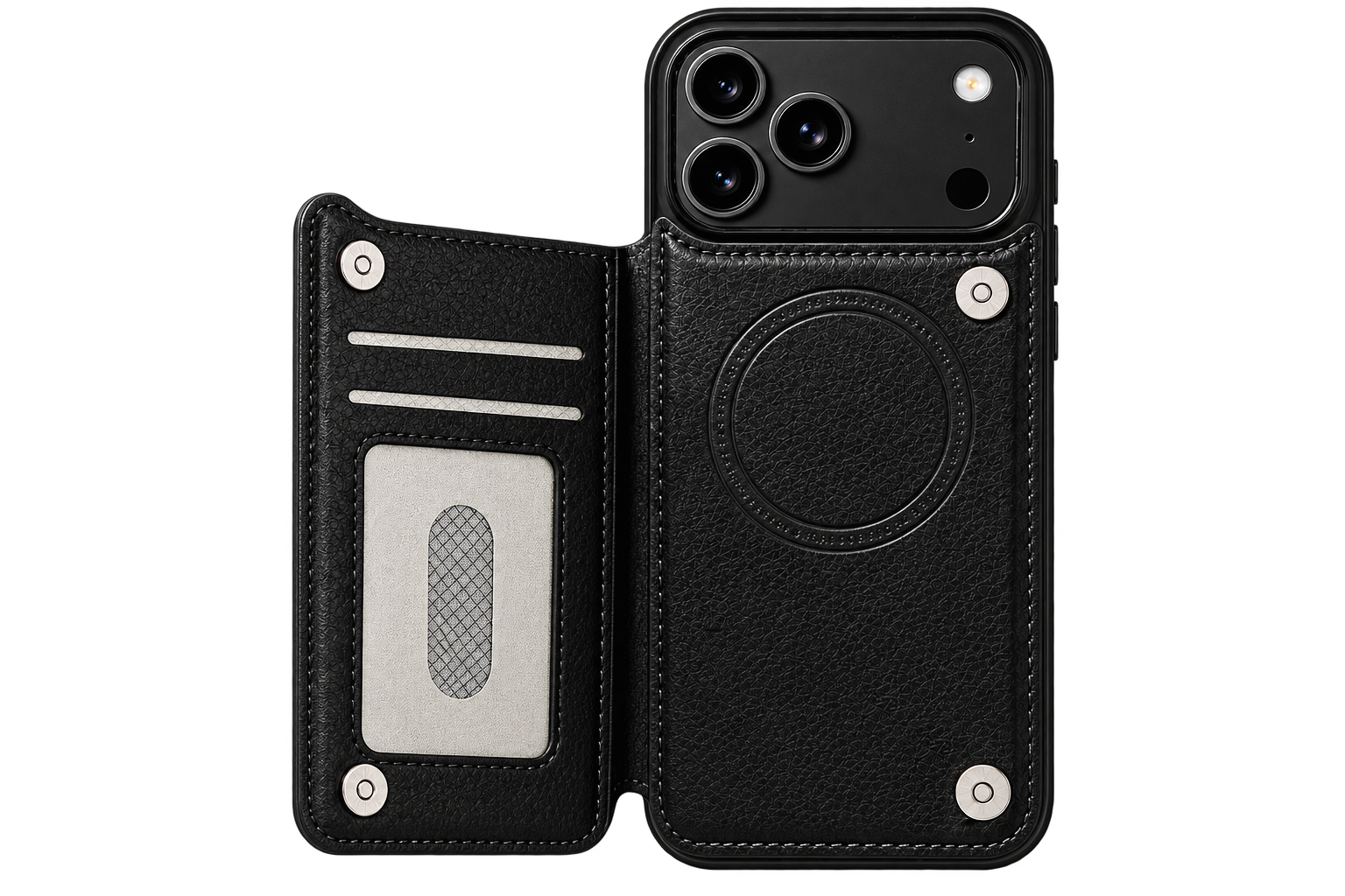 Obsidian black MagSafe flip wallet case open interior with card slots and magnetic ring