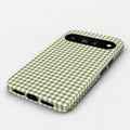 Olive Green and White Gingham Google Pixel Case - angled bottom view