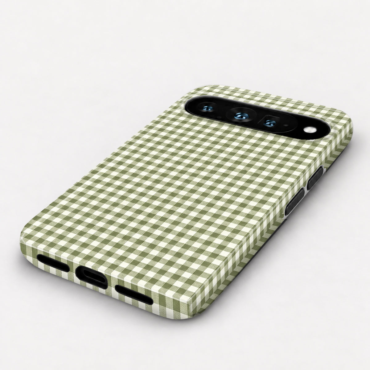Olive Green and White Gingham Google Pixel Case - angled bottom view