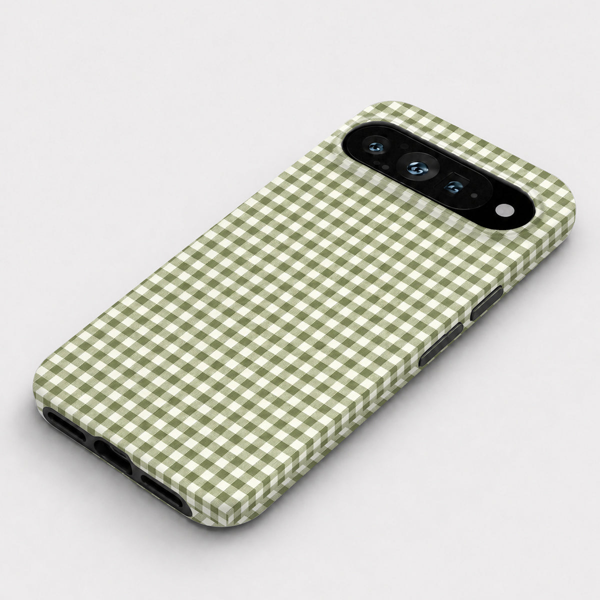 Olive Green and White Gingham Google Pixel Case - flat angled view
