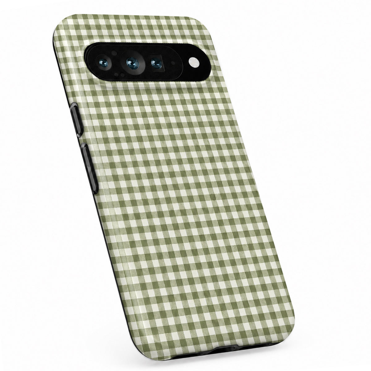Olive Green and White Gingham Google Pixel Case - standing angled view