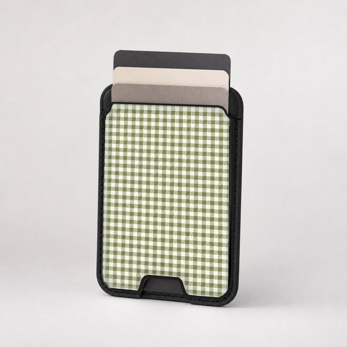 Olive Green and White Gingham MagSafe Card Holder, card storage shown with cards
