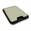 Olive Green and White Gingham MagSafe Card Holder, angled view showing the thumb access opening