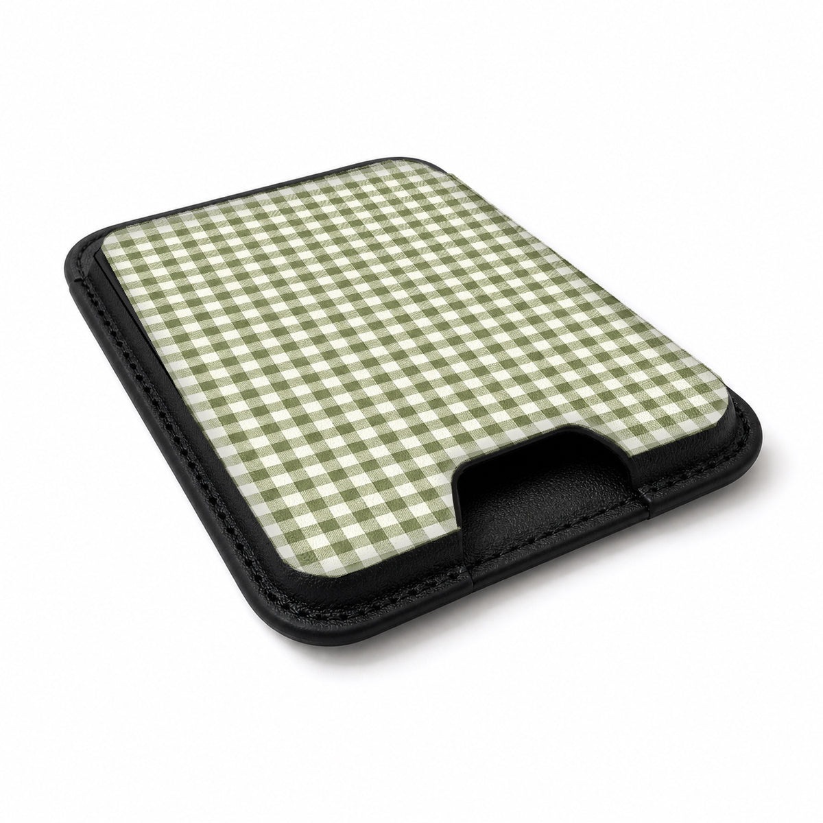 Olive Green and White Gingham MagSafe Card Holder, angled view showing the thumb access opening