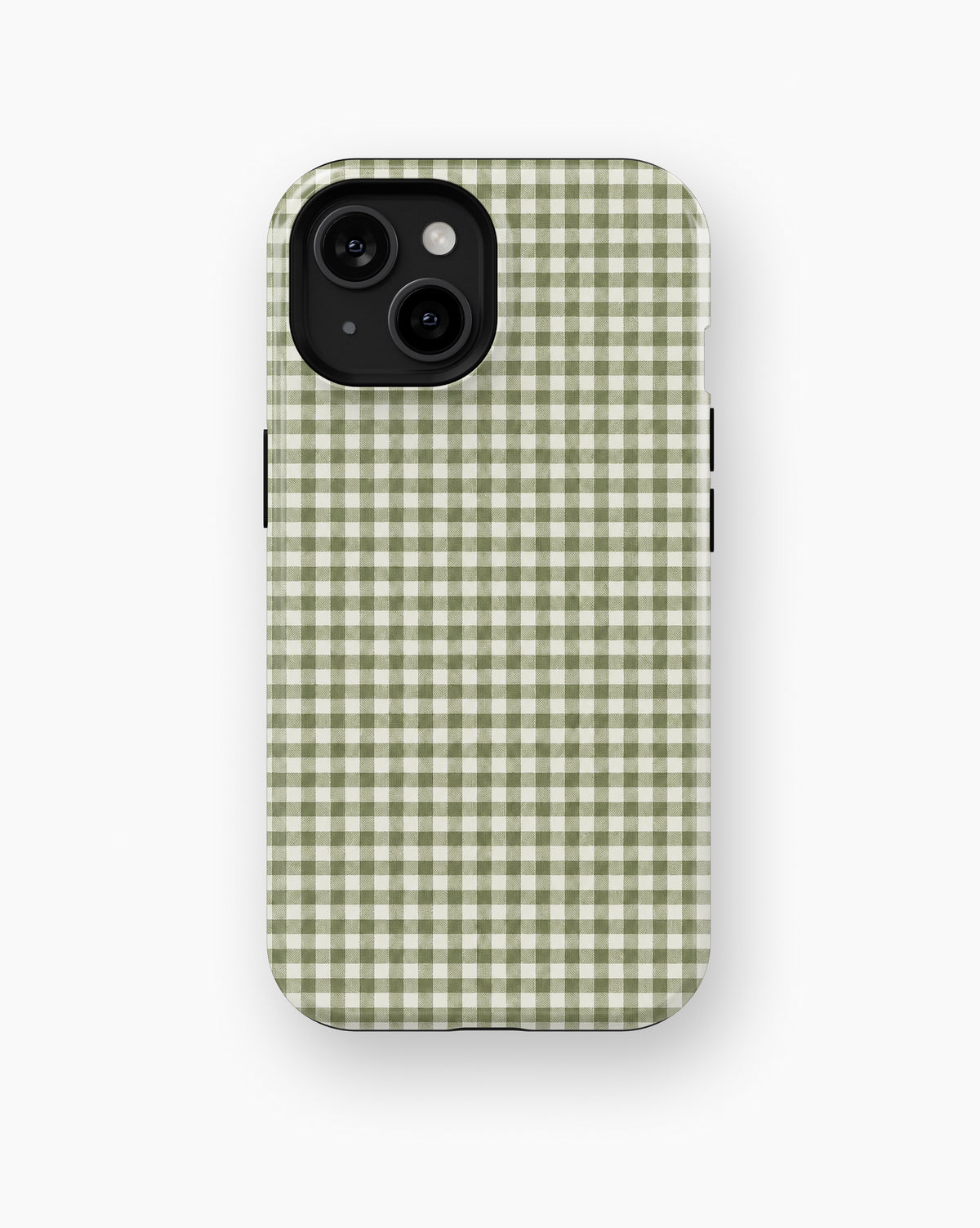 Olive Green and White Gingham MagSafe iPhone Tough Case, rear view, iPhone11-15 model image group