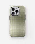 Olive Green and White Gingham MagSafe iPhone Tough Case, rear view, iPhone11-16Pro model image group