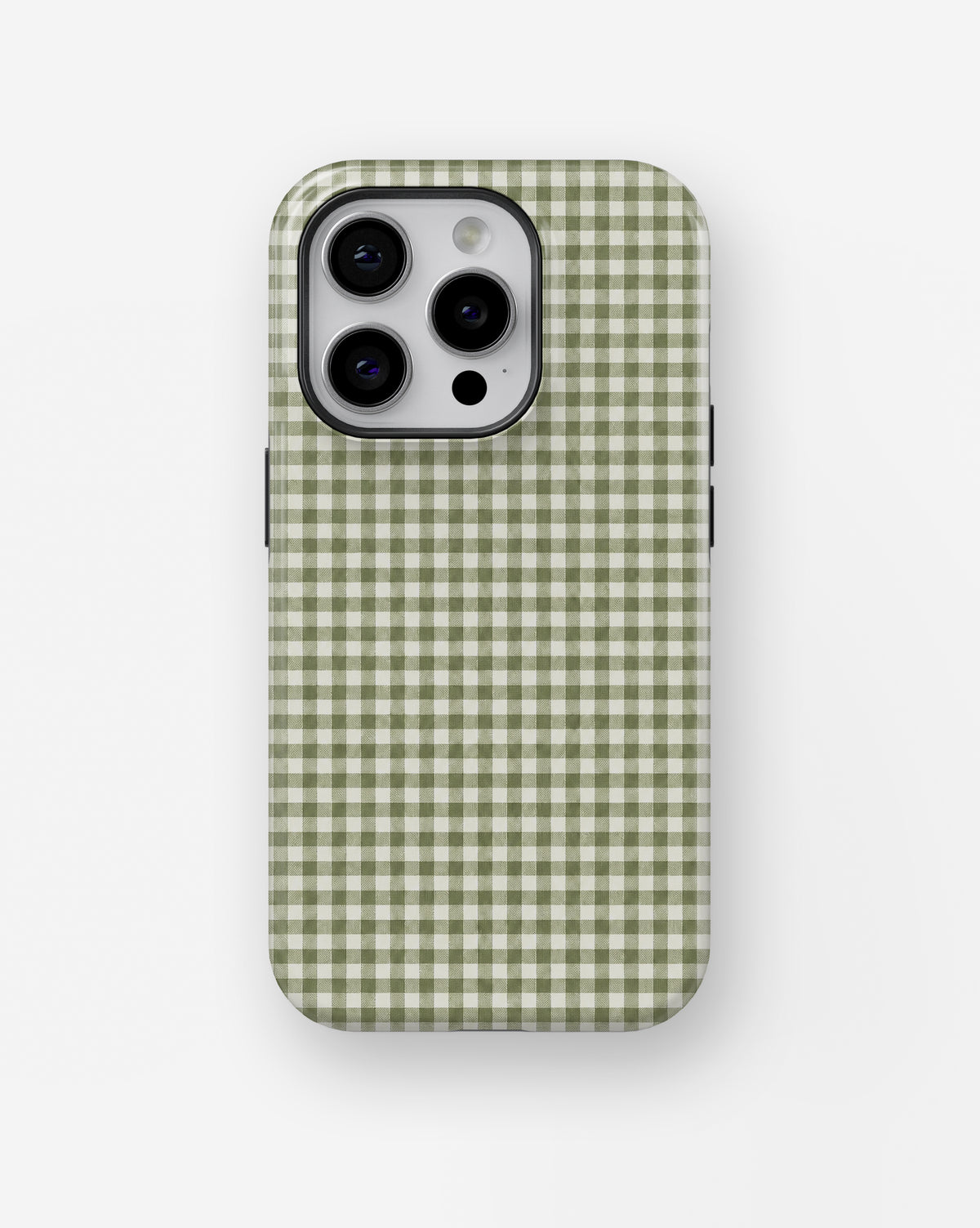 Olive Green and White Gingham MagSafe iPhone Tough Case, rear view, iPhone11-16Pro model image group