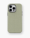 Olive Green and White Gingham MagSafe iPhone Tough Case, rear view, iPhone11-16ProMax model image group