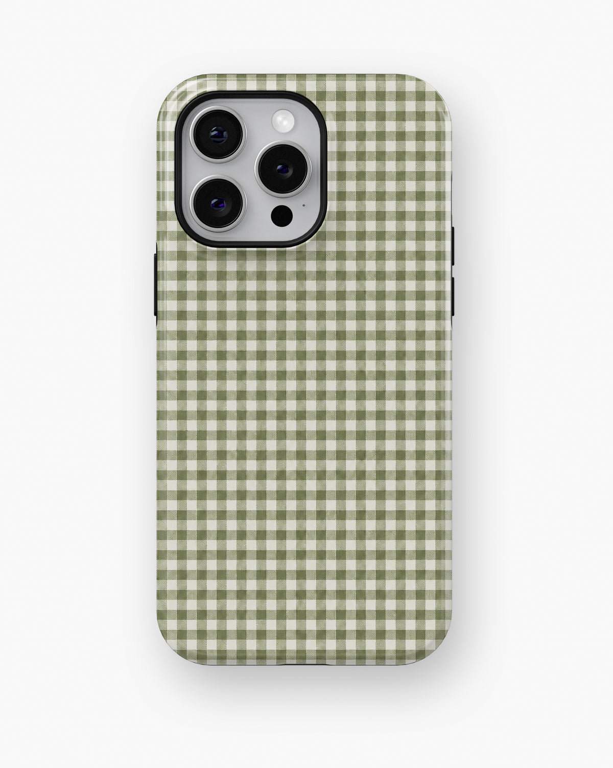 Olive Green and White Gingham MagSafe iPhone Tough Case, rear view, iPhone11-16ProMax model image group