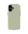 Olive Green and White Gingham MagSafe iPhone Tough Case, rear view, iPhone16+16Plus+17 model image group