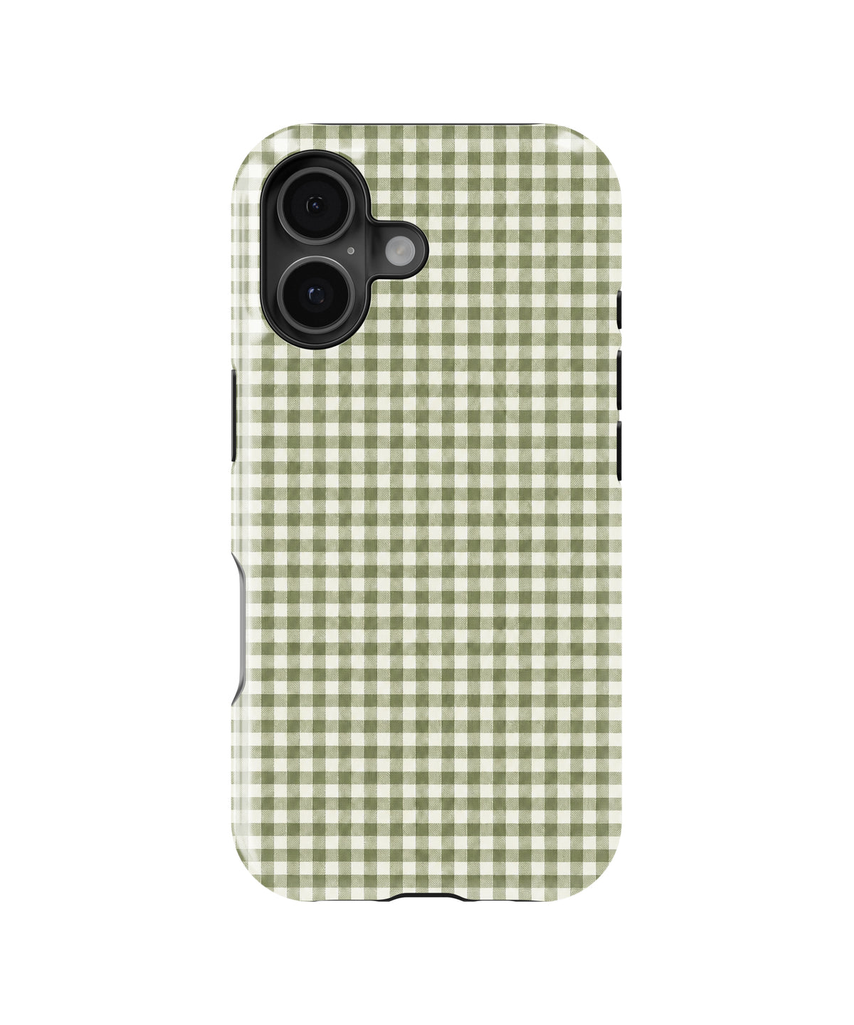 Olive Green and White Gingham MagSafe iPhone Tough Case, rear view, iPhone16+16Plus+17 model image group
