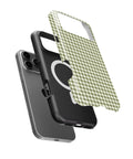 Olive Green and White Gingham MagSafe iPhone Tough Case, exploded view showing outer shell, inner layer and magnetic ring
