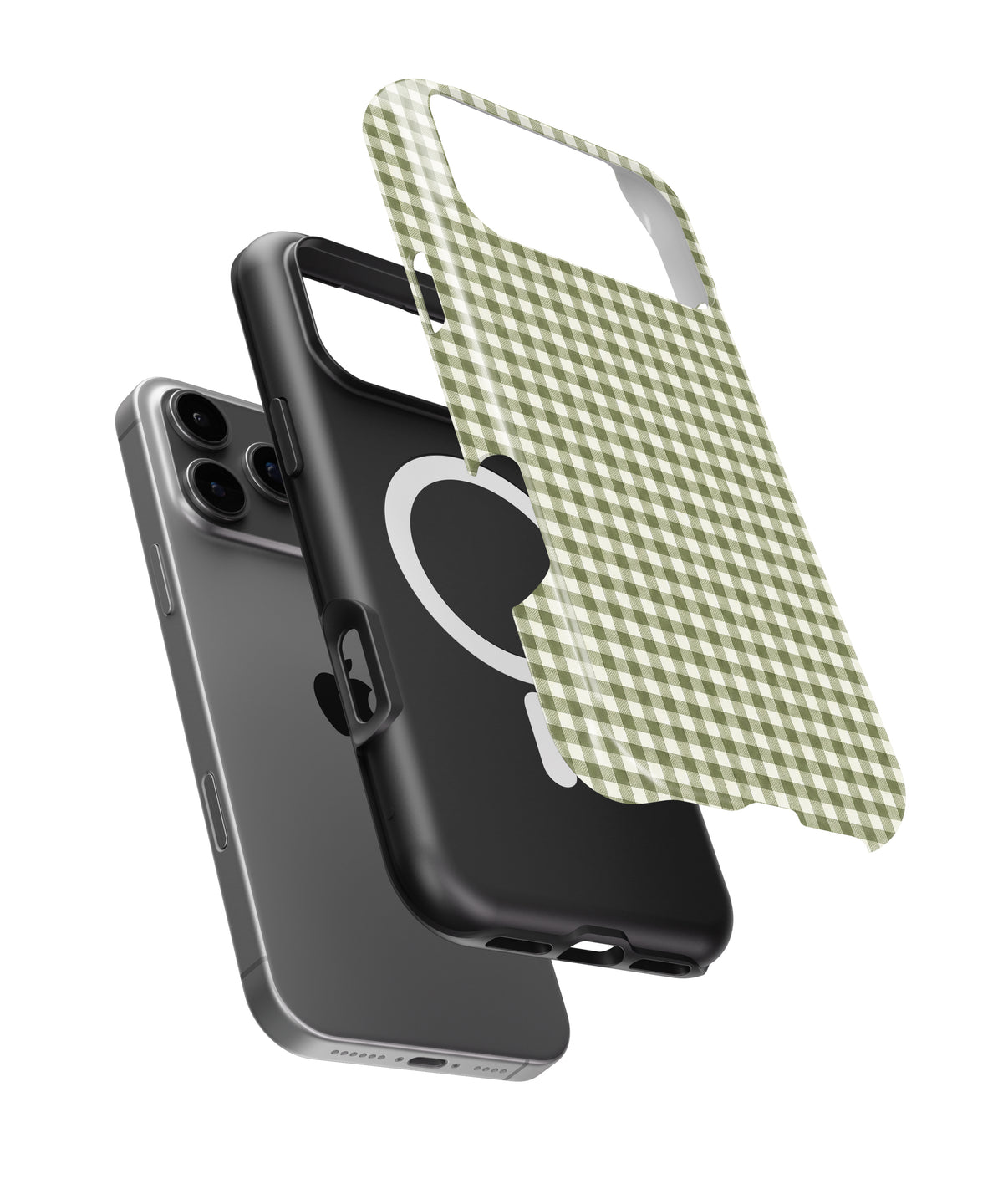 Olive Green and White Gingham MagSafe iPhone Tough Case, exploded view showing outer shell, inner layer and magnetic ring