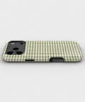 Olive Green and White Gingham MagSafe iPhone Tough Case, side view showing case edges