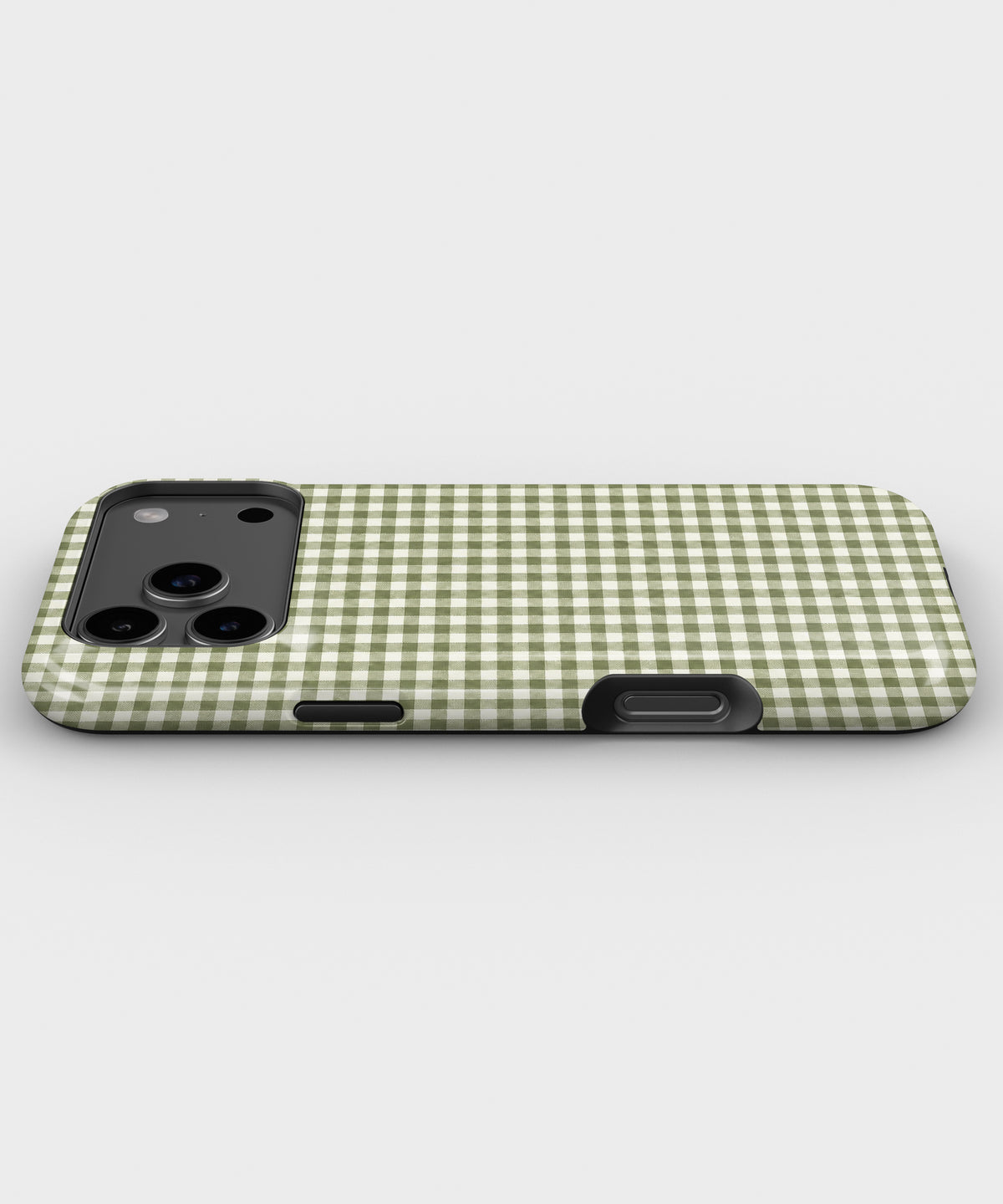 Olive Green and White Gingham MagSafe iPhone Tough Case, side view showing case edges