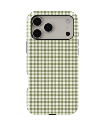 Olive Green and White Gingham MagSafe iPhone Tough Case, rear view, iPhone17-18ProMax model image group