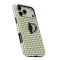 Olive Green and White Gingham MagSafe Loop Case, angled view with finger loop extended