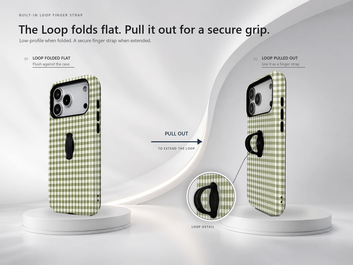 Olive Green and White Gingham MagSafe Loop Case, finger loop folded and extended positions