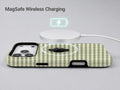 Olive Green and White Gingham MagSafe Loop Case, shown with a MagSafe wireless charger